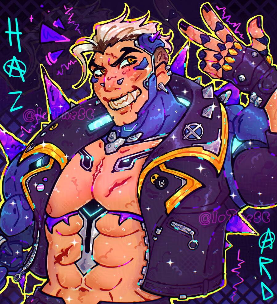 A drawing of Jericho Swain facing to the left, holding his red, demonic left hand in front of his chest. His coat is swaying slightly to the left